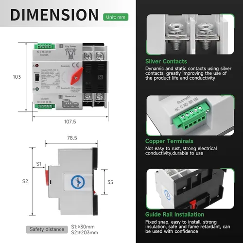 Vista 6 de Interruptor de transferencia automática/manual de 63amp AC110V 2P 50/60Hz, interruptor mini ATS de 2 polos 63A de doble potencia solar