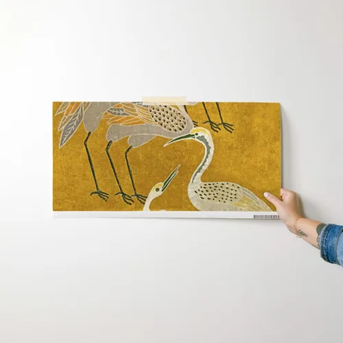 Vista 7 de Spoonflower Papel tapiz para despegar y pegar - Grúas Art Deco Golden Birds Gold Oriental Texture Silver Papel pintado extraíble personalizado