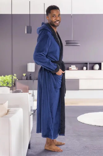 Vista 3 de Alexander Del Rossa Bata de baño de vellón afelpado suave, con capucha, para hombre, bata larga y cálida