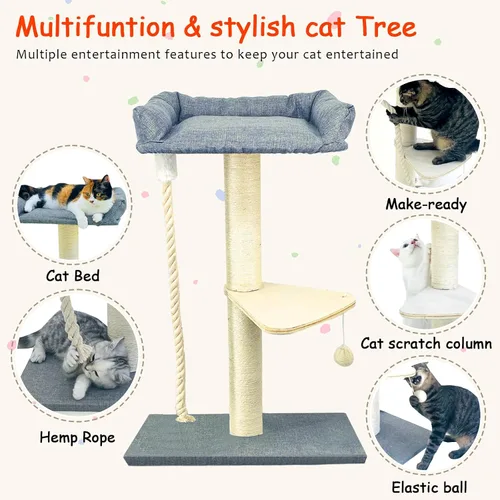Vista 2 de Torre de árbol para gatos de 35 pulgadas para gatos de interior, poste rascador alto para gatos con cama grande para gatos grandes de Maine Coon