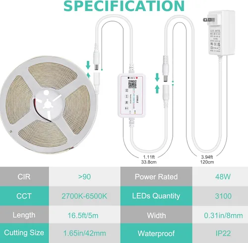 Vista 8 de Wefomey - Tira de luz LED COB blanca, 16.5 pies regulable 2700K-6500K de alta densidad 3100LEDs 24V, cinta de LED flexible con control remoto y APP