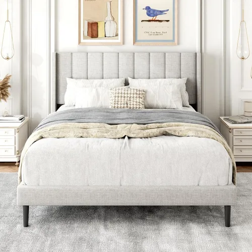 Vista 32 de Gruwans Base de cama de tamaño individual con cabecera tapizada con respaldo de ala, plataforma de fácil montaje, soporte de listones de madera,