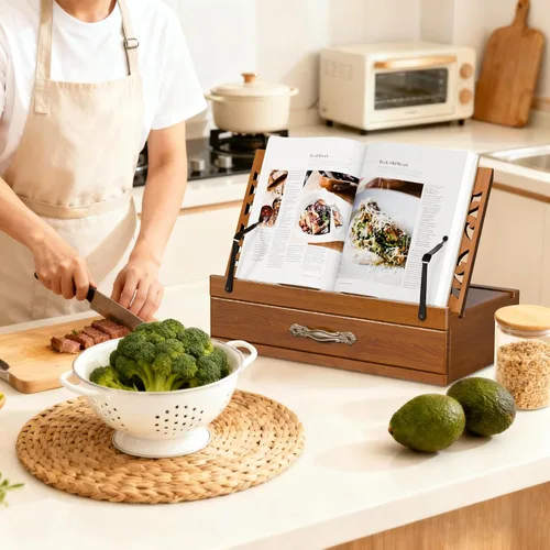 Vista 7 de Soporte de madera ajustable para libros con almacenamiento, soporte multifuncional para libros, tabletas y recetas con ranura para tazas, ranura
