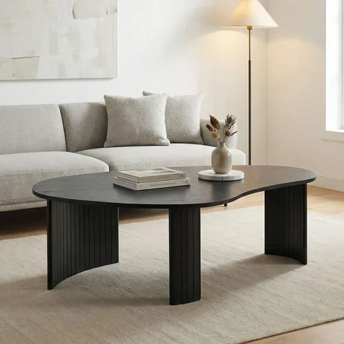 Vista 3 de Hyfirm - Mesa de café moderna de madera negra de 47.25 pulgadas para la sala de estar, mesa central resistente con tapa irregular de mango y patas