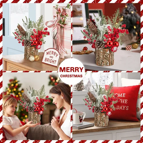 Vista 6 de Decoración Navideña Árbol de Navidad pequeño con luces - Mini árbol de Navidad artificial de mesa iluminado con adornos navideños gnomos