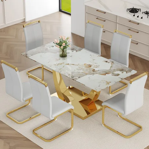 Vista 13 de Juego de mesa de comedor de mármol sintético para 6, mesas de comedor rectangulares para 6, mesa de cocina dorada y 6 sillas de piel sintética