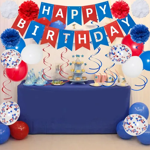 Vista 3 de Decoraciones de cumpleaños azules, blancas y rojas, kit de suministros de fiesta patriótica para hombres, mujeres y niños, pancarta de feliz