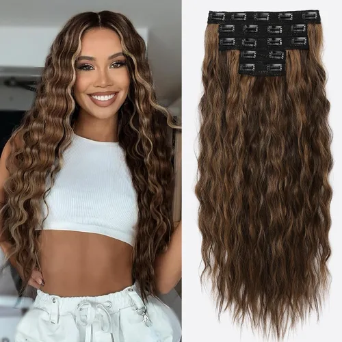 Vista 21 de REECHO Extensiones de cabello con clip, 5 piezas, de 24 pulgadas, de color rubio ceniza, extensiones de cabello con ondas largas y sueltas, HE002
