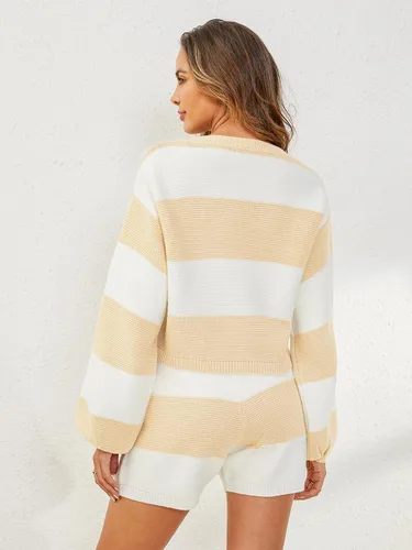 Vista 4 de YKR Conjunto de 2 piezas para mujer, suéter de manga larga y pantalones cortos de descanso
