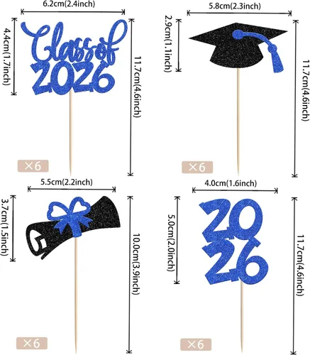 Vista 2 de 24 piezas 2026 temáticas de graduación 2026 decoraciones para cupcakes con purpurina clase de 2026 Diploma Congrats 2026 Tapa de graduación