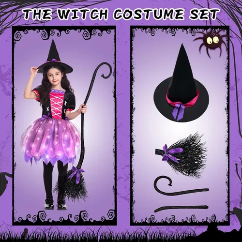 Vista 3 de Poshetion Halloween Witch Costume for Girls Light Up Toddler Witch Dress with Hat and Broom for Halloween Role-Play Party