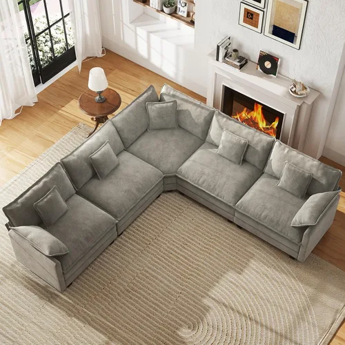 Vista 48 de Sofá de nube en forma de L de 77 pulgadas, sofá modular con otomana, cómodo sofá biplaza de felpilla con almohada para sala de estar, dormitorio