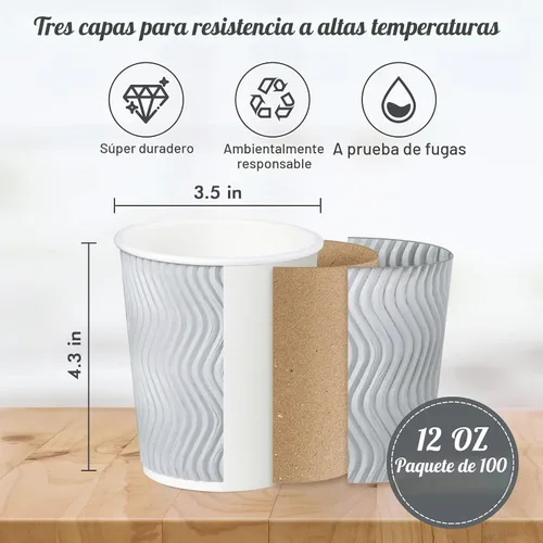 Vista 6 de MUCHII Tazas de café desechables de 12 onzas, 100 unidades, tazas con aislamiento ondulado para llevar con tapas y popotes para té, chocolate