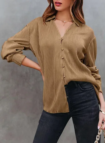 Vista 2 de Astylish Blusa elegante de manga larga con botones Plisse para mujer, ropa de moda