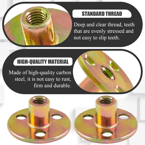 Vista 3 de 12 piezas Tuerca en T de base redonda, 1/4"-20 de acero al carbono con placa de hierro, tuerca de rosca hembra para muebles, accesorios