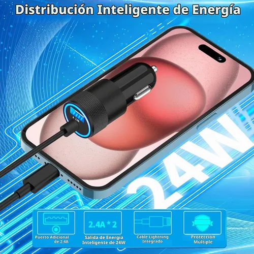 Vista 4 de Cargador de coche para iPhone con certificación MFi de Apple de carga rápida + cable Lightning de 6 pies Caiinei 4.8A Car Phone Charger Dual USB
