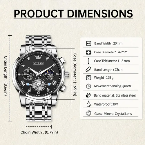 Vista 6 de OLEVS Watches for Men Dress Watch Chronograph Luxury Stainless Steel Big Face Men Watches Multi-Function Easy to Read Diamond Roman Numerals