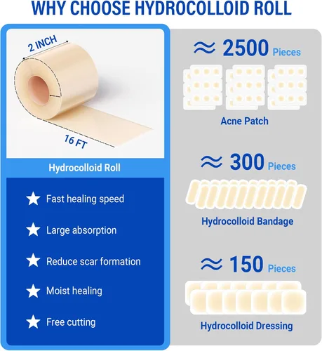 Vista 6 de MasterMo Rollo hidrocoloide para el cuidado de heridas, vendas hidrocoloides extra grandes de grado médico de 2 pulgadas x 16 pies con autoadhesivo