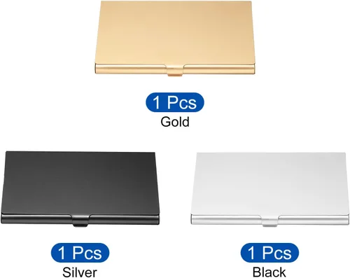 Vista 3 de PATIKIL Portatarjetas de visita, 3 piezas de aleación de aluminio, funda delgada para tarjetas de nombre para mujeres y hombres, dorado, plateado