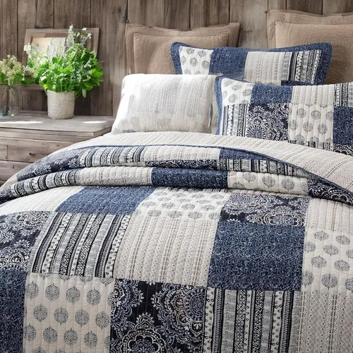 Vista 8 de DaDa Bedding - Juego de colcha de tela vaquera, diseño floral, 100 % algodón, bohemio, chic, ligero, acolchado, a rayas, medallón de cachemira