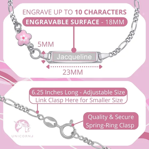 Vista 2 de UNICORNJ Pulsera de plata de ley 925 Italia con nombre para niños o bebés pulseras de identificación grabadas personalizadas para niños cadena