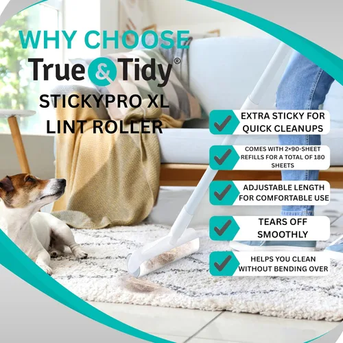 Vista 7 de True & Tidy StickyPro - Juego de rodillos de pelusa XL con 2 repuestos de rodillos para pelusas, resistente, duradero, mango ajustable, funciona muy