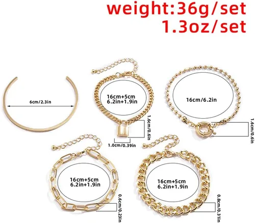 Vista 5 de Juego de 5 pulseras apilables de cadena de oro y plata de estilo bohemio para mujer, con cuentas ajustables y gruesas, cadena de cable plano y punk
