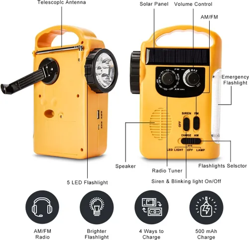 Vista 4 de HOSHINE Solar multifuncional 4-way Powered LED Camping linterna y linterna con radio AM/FM cargador de teléfono celular, color amarillo