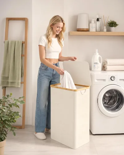 Vista 7 de iEGrow Cesta de lavandería con tapa, cesta grande de lavandería de 110 litros con asa y tapa, organizador de ropa plegable con bolsa interior Beige