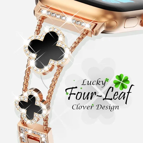 Vista 3 de KADES Bling Four-Leaf Clover Band for Apple Watch Bands Women's Wear Oro rosa/Negro