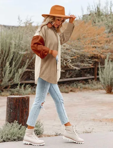 Vista 6 de Magritta Camisas de manga larga con cuello en V y botones para mujer, blusas de gran tamaño con bolsillos