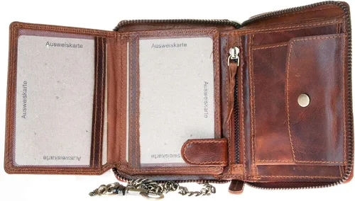 Vista 4 de FLW Cartera de piel auténtica esmaltada con cremallera alrededor (cremallera alrededor) con cadena, Marrón, Cartera con cremallera