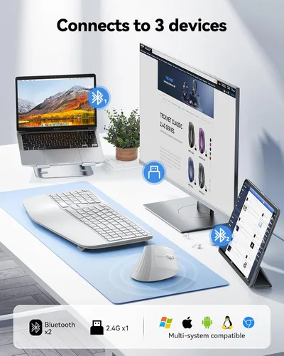 Vista 4 de TECKNET Vertical Ergonomic Wireless Bluetooth Mouse, Silent Rechargeable Bluetooth Mouse(BT 5.0/5.0+2.4G), 5-Level 4800 DPI, 200H Long
