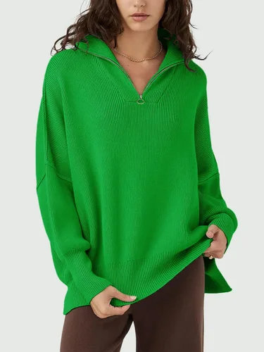 Vista 5 de ATHMILE Suéter de gran tamaño para mujer, manga larga, cuello con cremallera de un cuarto, hombros caídos, holgado, sin botones