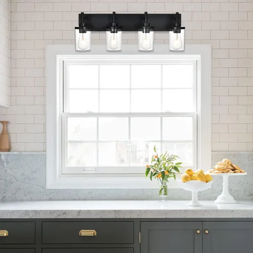 Vista 4 de Lámpara de tocador de baño sobre espejo, lámparas de pared de baño negras, iluminación moderna con pantalla de vidrio transparente, aplique de pared