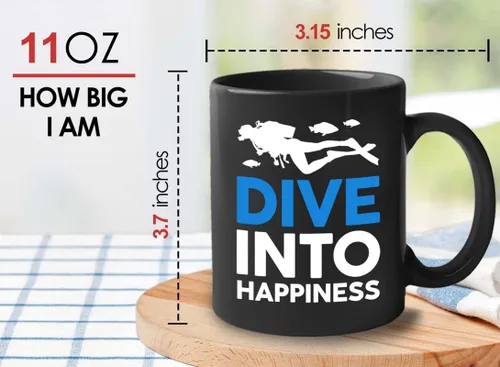 Vista 5 de Taza de café de buceo de 11 onzas, color negro, sumerge en la felicidad, actividades de respiración subacuática, pasatiempos, natación, ascenso
