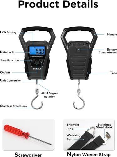 Vista 3 de HEETA Báscula de pescado digital impermeable con pantalla LCD retroiluminada, 110 libras / 110.2 lbs, báscula portátil para colgar para el hogar