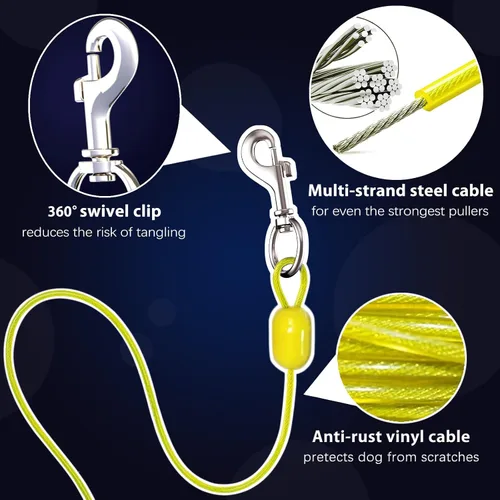 Vista 11 de Cable y estaca de amarre para perros de 30 pies, anclaje de acero en espiral pesado de 360° sin enredos y correa retráctil para perros pequeños a