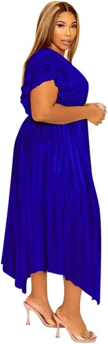 Vista 2 de Salimdy Vestido de satén con cuello en V para mujer, talla grande, manga con volantes, cintura elástica, plisado, acampanado, vestidos largos