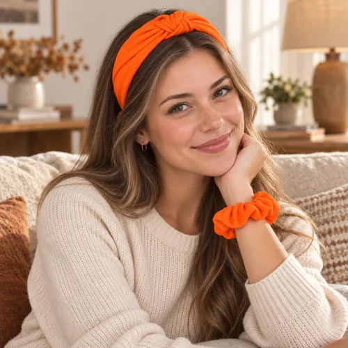 Vista 6 de Juego de diadema y coletero naranja de otoño, accesorios para el cabello a juego para mujeres y niñas para otoño, Halloween, Acción de Gracias