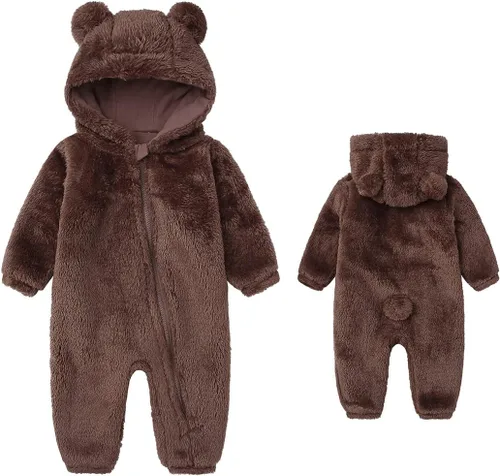 Vista 8 de Mono mullido con capucha para bebé, pelele de forro polar de manga larga con cremallera Beige