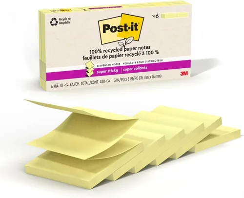 Vista 14 de Post-it Notas superadhesivas 100% recicladas, 3 x 3 pulgadas, amarillo canario, 6 blocs