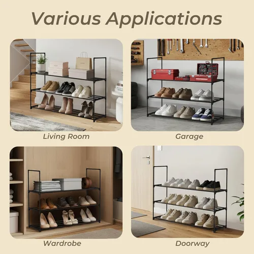 Vista 5 de Zapatero negro de 3 niveles, estante grande de 36 pulgadas con capacidad para 15 pares de zapatos, zapatero resistente para entrada, dormitorio