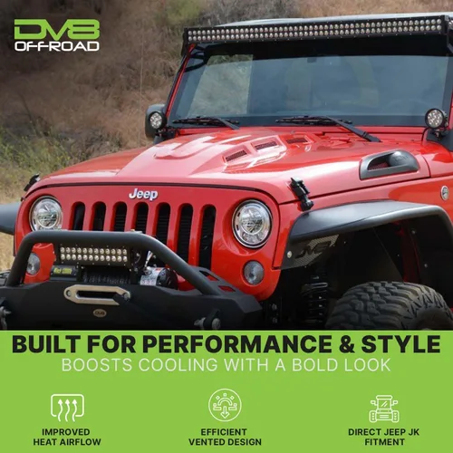 Vista 7 de Campana de dispersión de calor DV8 para Jeep Wrangler JK 2007-2018 de acero estampado Capucha central ventilada para un máximo flujo de aire