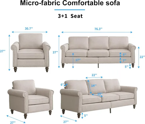 Vista 2 de PUREMIND Juego de sofá de 2 piezas para muebles de sala de estar, juego de sofá y silla de oficina moderno de lino con patas de madera maciza, sofá