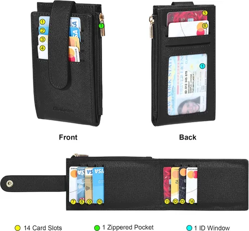 Vista 3 de Chelmon Billetera delgada para mujer, con bloqueo RFID, plegable, con bolsillo con cremallera, Negro -, Minimalista