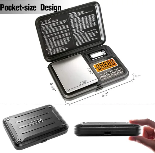 Vista 4 de Báscula de bolsillo digital de Fuzion 7.05 oz/0.00 oz, báscula de gramos con pantalla LCD, tara y PCS, báscula digital mini con peso de calibración