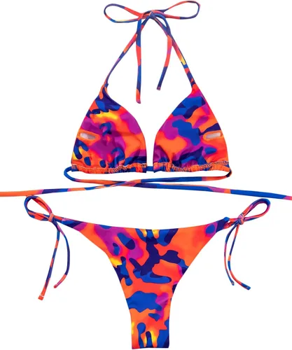 Vista 2 de SOLY HUX - Conjunto de bikini con lazos laterales, forma triangular, cuello halter y estampado floral para mujer, traje de baño de dos piezas
