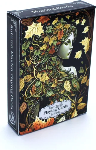 Vista 2 de Naipes Autumn Maiden, cubierta de tamaño de póquer de fantasía, cubierta temática de otoño, cartas de coleccionista únicas