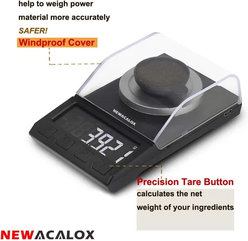 Vista 6 de Báscula miligráfica con suministro USB, báscula de recarga NEWACALOX de 100 x 0.00 oz, báscula de polvo de laboratorio multifunción portátil de alta
